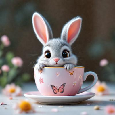 The primary subject of the image is a small bunny rabbit sitting inside a pink cup. The cup is placed on a table, and the bunny appears to be peeking out from the cup. The setting is indoors, with a pink floral background visible in the image. The visual style is a combination of photo and digital art, creating a whimsical and playful atmosphere. The dominant colors in the image are pink and white, with the pink cup and floral background adding a touch